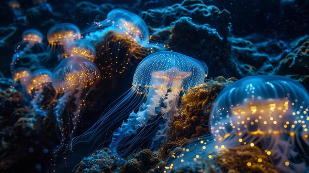 Photo glowing bioluminescent jellyfish float gracefully in a dark underwater scene highlighting the beauty of marine life