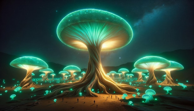 Glowing bioluminescent mushroom forest under starry night sky