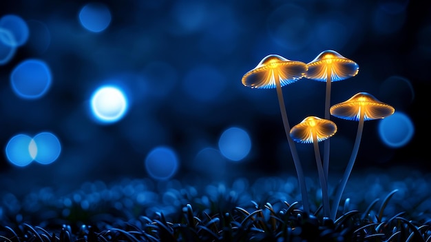 Photo glowing bioluminescent mushrooms in a dark enchanted forest natures mystical wonders