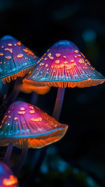 Photo glowing bioluminescent mushrooms in a dark forest magical nature concept