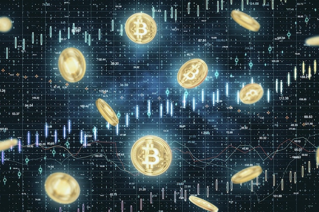 Glowing bitcoin and business statistic