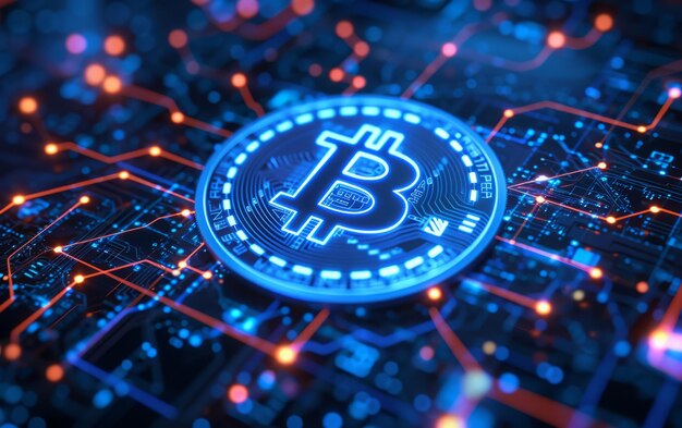 Glowing Bitcoin on Circuit Board Background