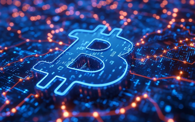 Glowing Bitcoin on Circuit Board Background