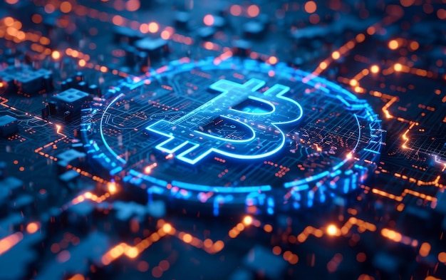 Glowing Bitcoin on Circuit Board Background