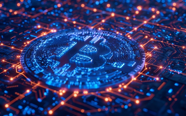 Glowing Bitcoin on Circuit Board Background