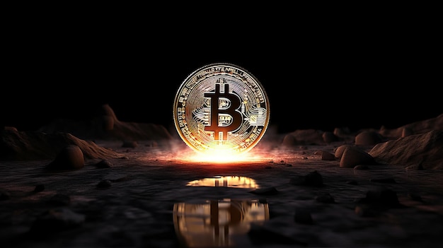 Glowing Bitcoin Coin Black Background Illuminated Cryptocurrency