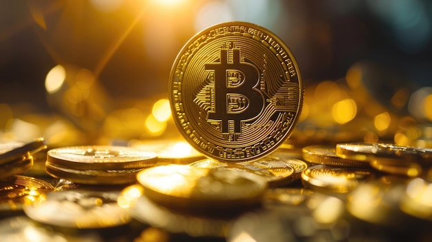 Glowing Bitcoin on Pile of Cryptocurrency Coins Financial Growth Concept