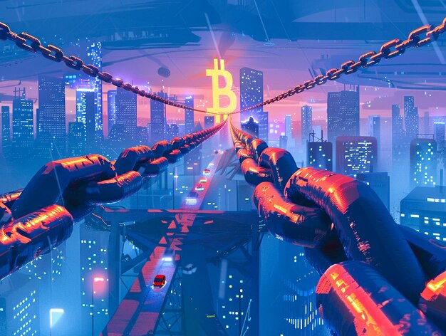 Photo glowing bitcoin symbol with chains in a futuristic cyberpunk city alley and digital finance theme