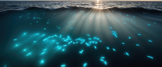 Photo glowing blue dinoflagellates illuminate the ocean creating a magical nighttime scene