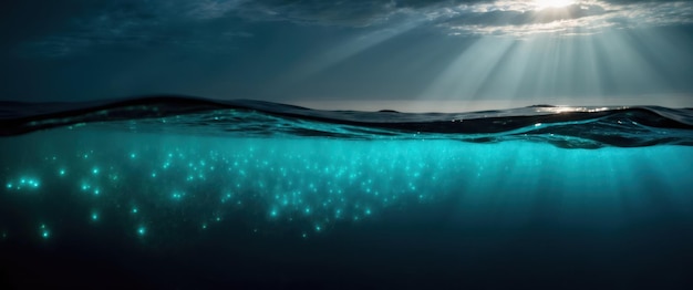 Photo glowing blue dinoflagellates illuminate the ocean creating a magical nighttime scene