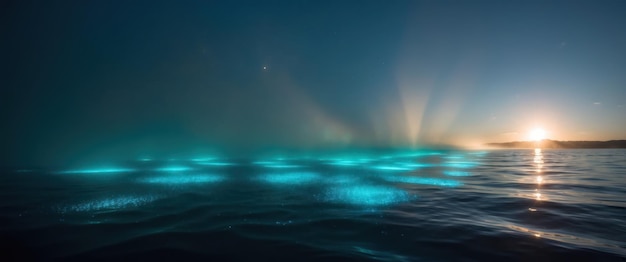 Photo glowing blue dinoflagellates illuminate the ocean creating a magical nighttime scene