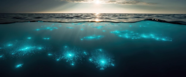 Photo glowing blue dinoflagellates illuminate the ocean creating a magical nighttime scene