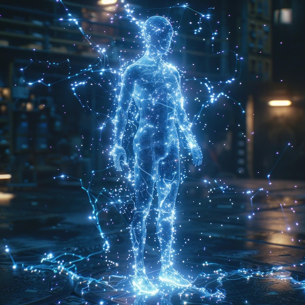 Glowing blue hologram of the outline and shape of an adult human figure