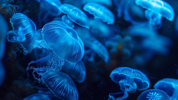 Glowing blue jellyfish in the dark ocean water