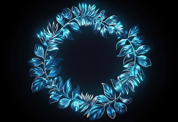 Photo glowing blue leaf wreath on dark background perfect for naturethemed designs invitations and digital art projects