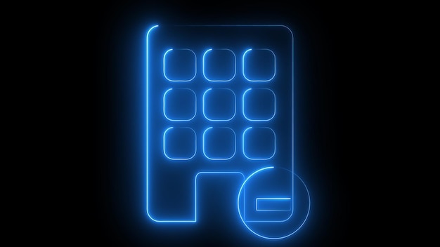 Glowing blue neon building icon with minus sign