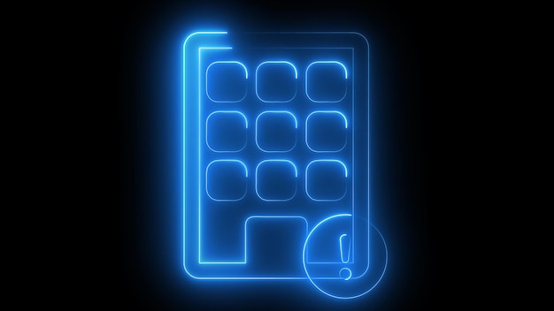 A glowing blue neon icon of a keypad with an exclamation mark in a circle on the bottom right corner set against a black background