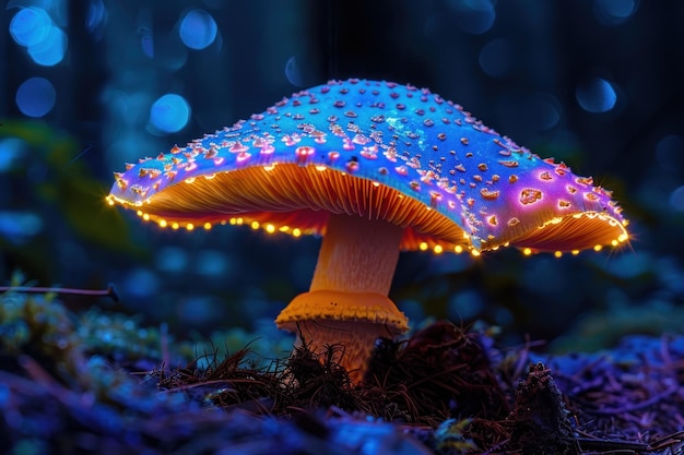 Glowing blue and orange mushroom in forest at night with bokeh lights Magical fairy tale or fantasy mushroom with glowing spores illuminated with light