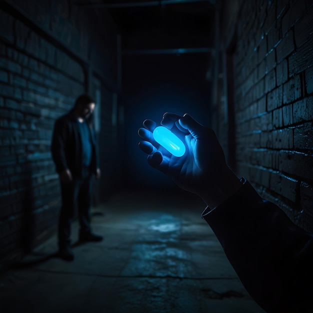 Photo a glowing blue pill handed by a mysterious figure in a dark alley evoking suspense and intrigue