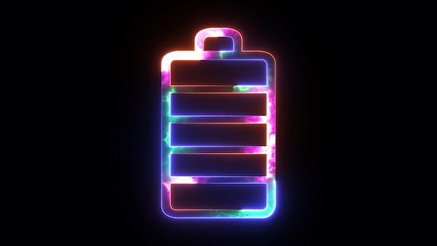 Glowing blue and purple neon battery icon Neon charge battery sign with full cell battery symbol