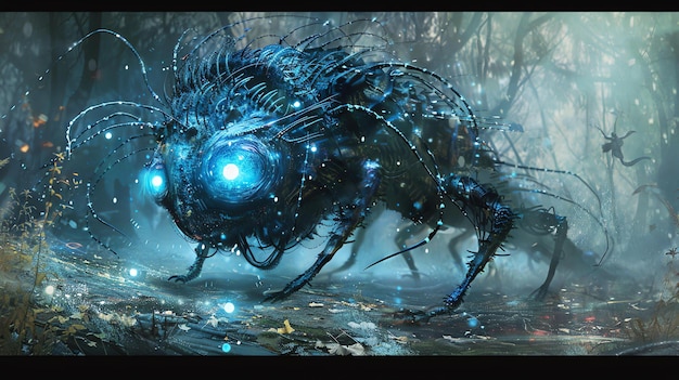 A glowing blue robotic insect with a large eye and a body made of wires and metal It is standing in a dark forest surrounded by trees and plants