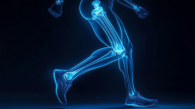 Glowing Blue Skeleton in Running Pose Anatomy Illustration