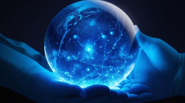 Glowing blue sphere held by human hand