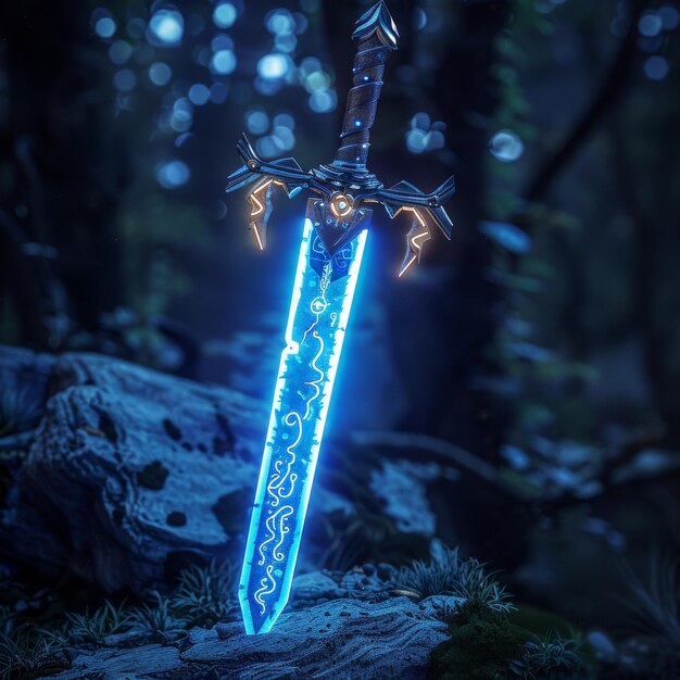 Photo a glowing blue sword rests on a mossy log in a dark forest