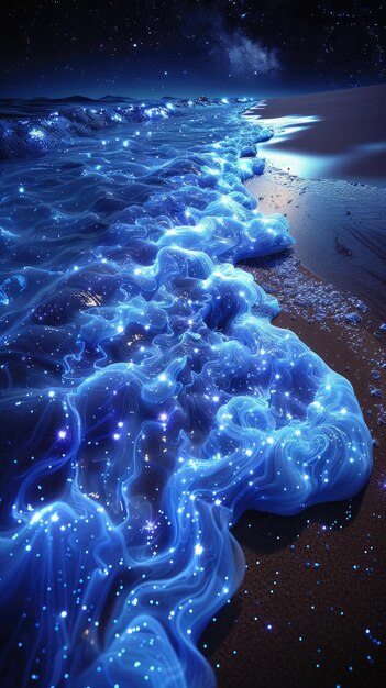 Photo glowing blue waves on a sandy beach under a starry sky