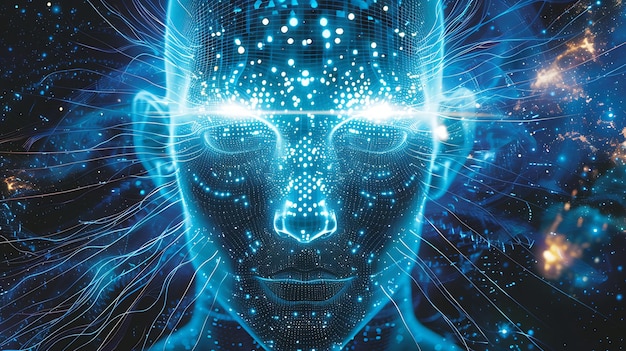 Glowing blue and white circuit board pattern in the shape of a womans face