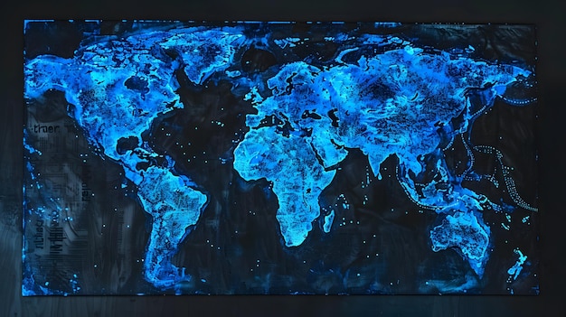 Photo glowing blue world map painting with intricate circuitry detailing