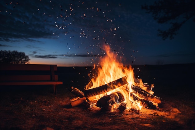 Glowing bonfire illuminates the dark night bringing warmth and relaxation generated