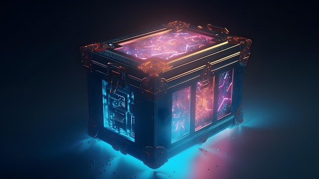 A glowing box with the word cube on it