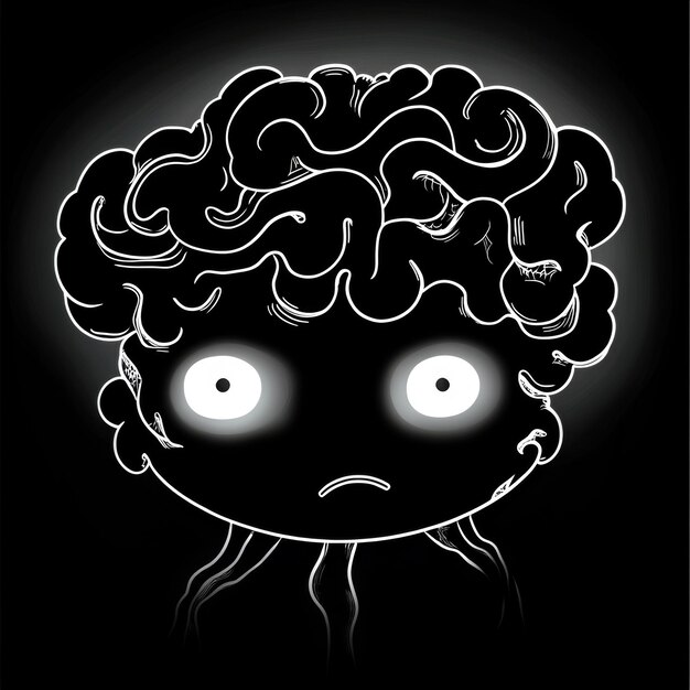 Photo glowing brain cartoon character with wide eyes in dark background white glow illustrations