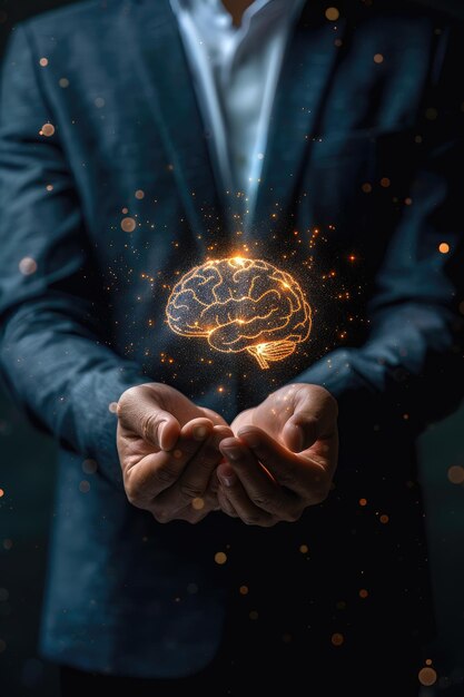 Glowing brain held in hands with a dark sparkling background