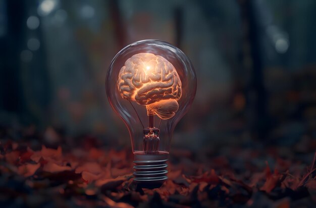 Glowing Brain Inside a Light Bulb Conceptual Illustration of Ideas and Innovation