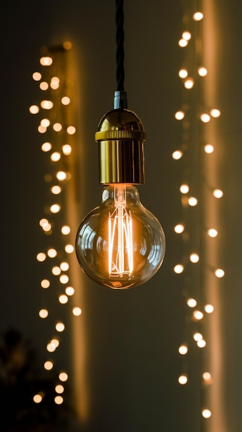 Photo glowing bulb with golden cap softly illuminating against dark background