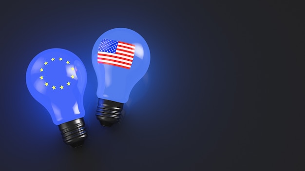 Glowing bulbs with USA and European symbols. The relationship between US and the European Union concept. Copy space. Geopolitical topics