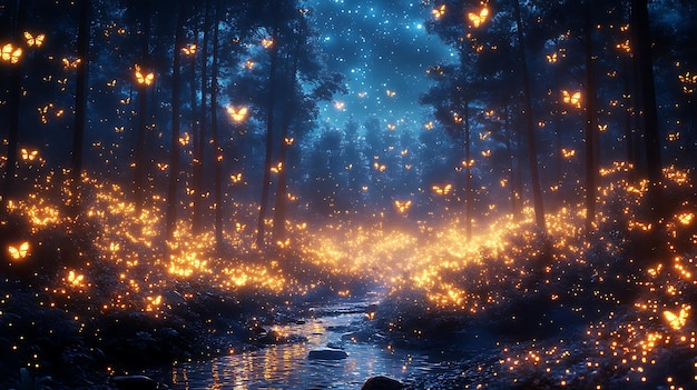 Photo glowing butterflies fly through a dark forest lit by a stream of water with a starry sky above