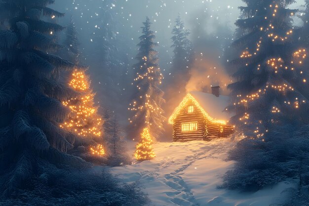 Photo glowing cabin in snowy winter forest with illuminated pine trees