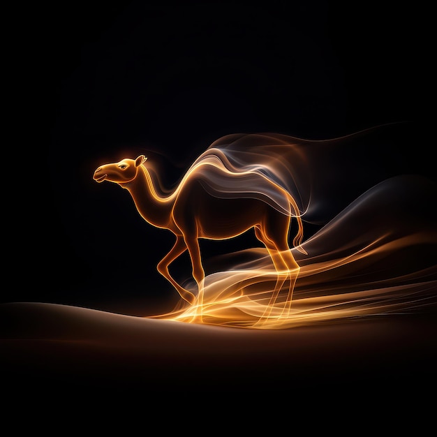 Photo a glowing camel in motion illuminated by vibrant light swirls against a dark background