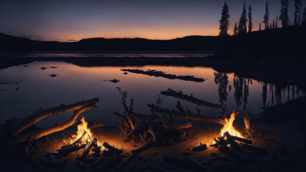 Photo glowing campfire by the lake with open flames fire and logs camping on the beach at night