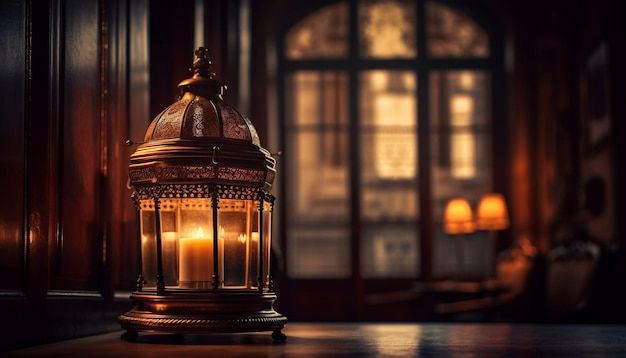 Glowing candle illuminates ancient lantern in darkness generated by AI