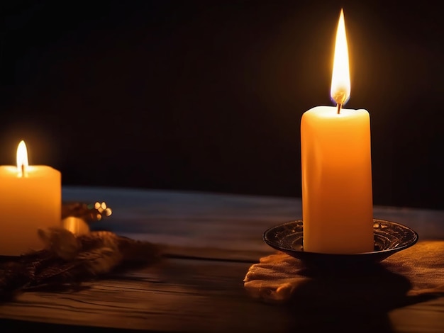 Glowing candle illuminates rustic table in the dark night