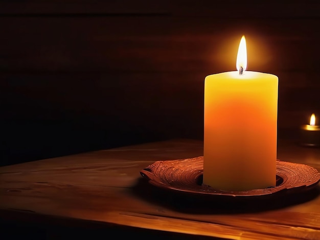 Glowing candle illuminates rustic table in the dark night