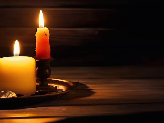 Glowing candle illuminates rustic table in the dark night