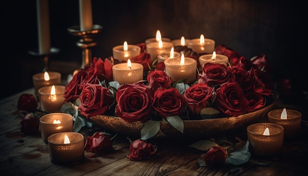 Glowing candlelight sets table for romantic celebration generated by AI