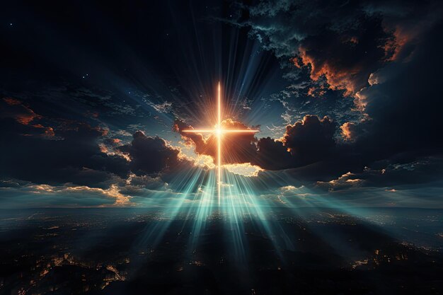 Glowing catholic cross above the earth and surrounding clouds sacred and slightly surreal by