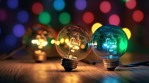 Glowing christmas light bulb on colorful bokeh backgroundgenerative ai