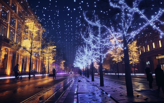 Glowing Christmas Lights Illuminate City Streets at Dusk